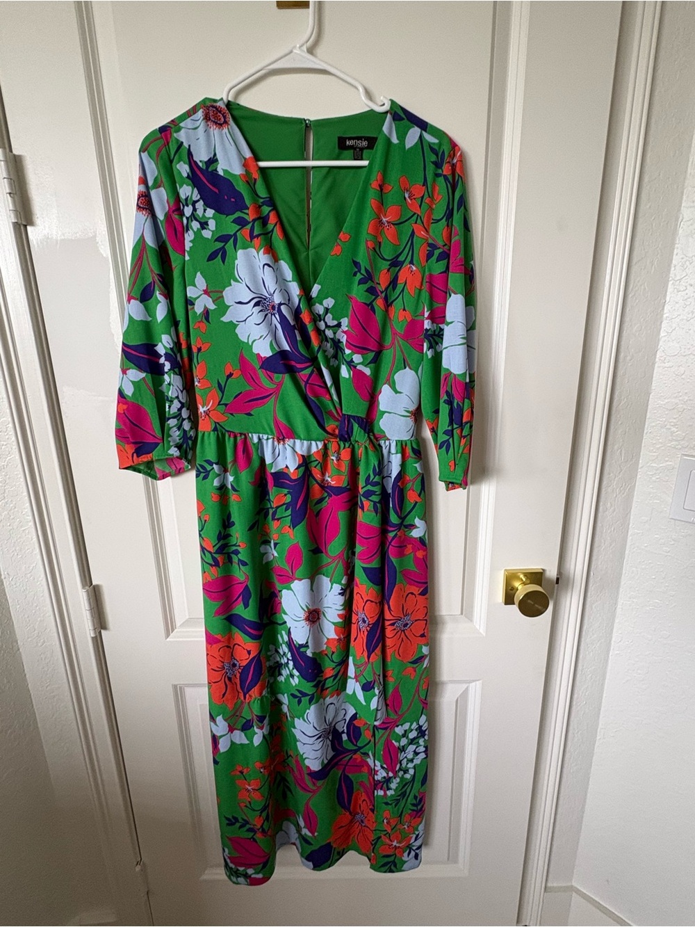 Kensie Green Floral Wrap Midi Dress with Bright Pink & Orange Blooms